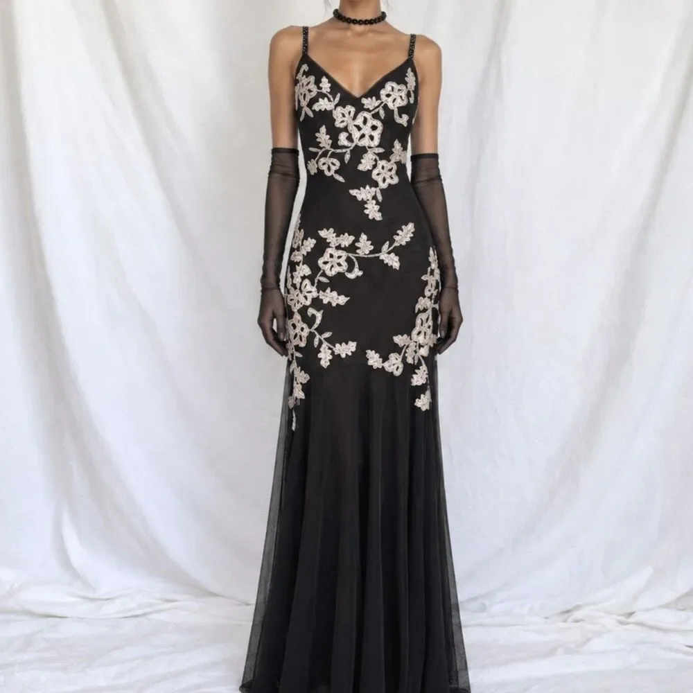 Vintage Y2K 90s Brown Floral Embroidered Mesh Maxi Formal Prom Dress Size S/M